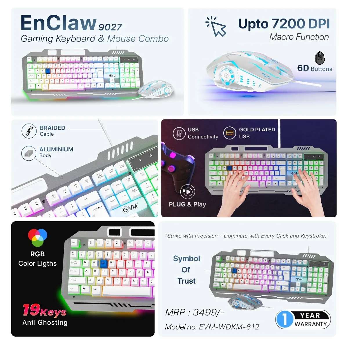 EVM Gaming Keyboard Mouse Combo Usb EnClaw 9027 (WDKM-612) view 5
